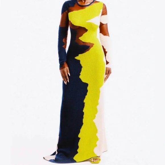 Hanifa Yellow and Blue Long Sleeve Bodycon Dress - Picture 3 of 16